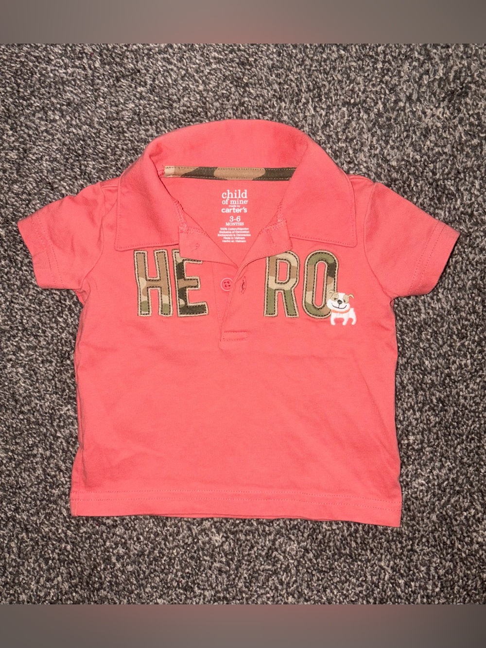 Coral “Hero” and Dog Themed 3-6 Months Short Sleeve Polo